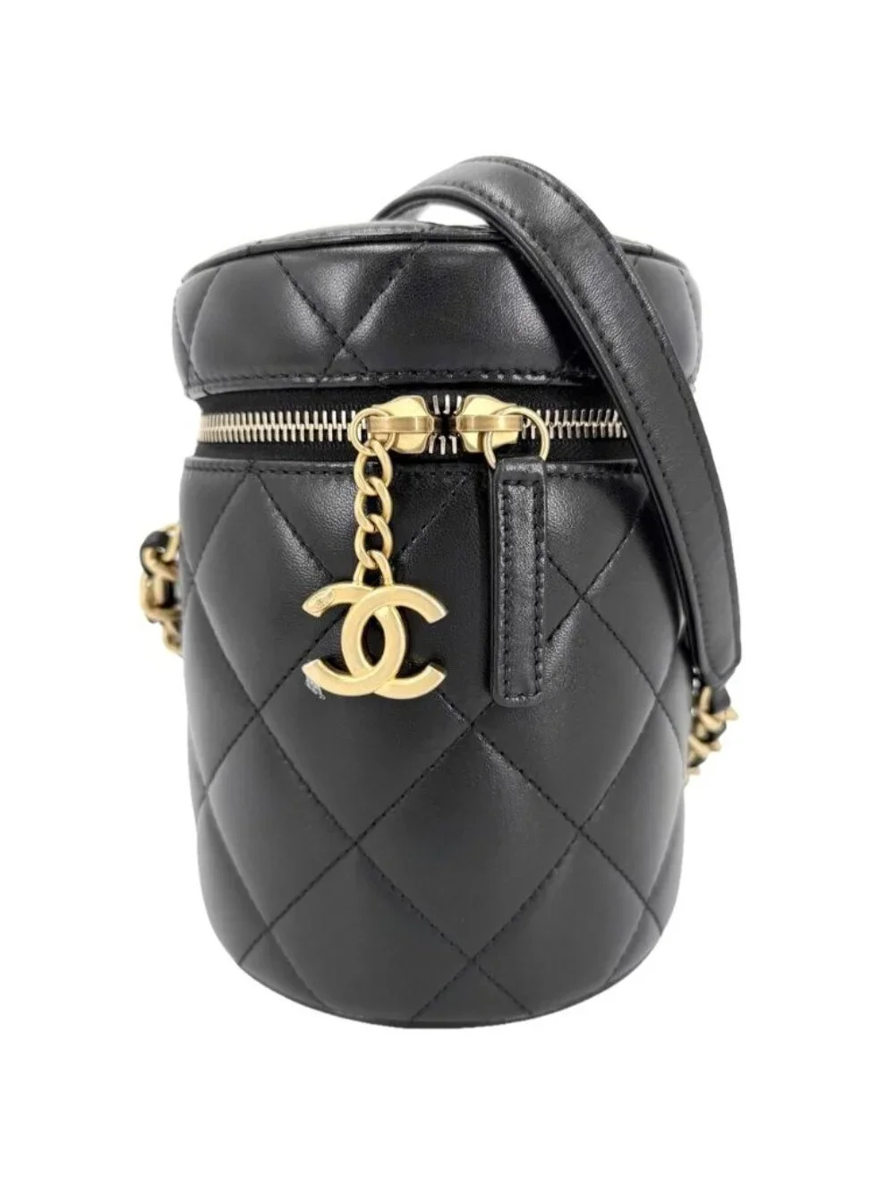 Chanel Shoulder Bag Logo Quilted Chain Vanity Crossbody CC Lambskin Black Gold